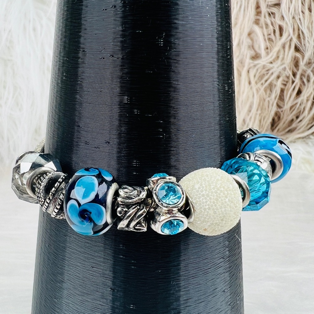 Pretty Aged Silvertone Blue Multi Charm Beaded Br… - image 7
